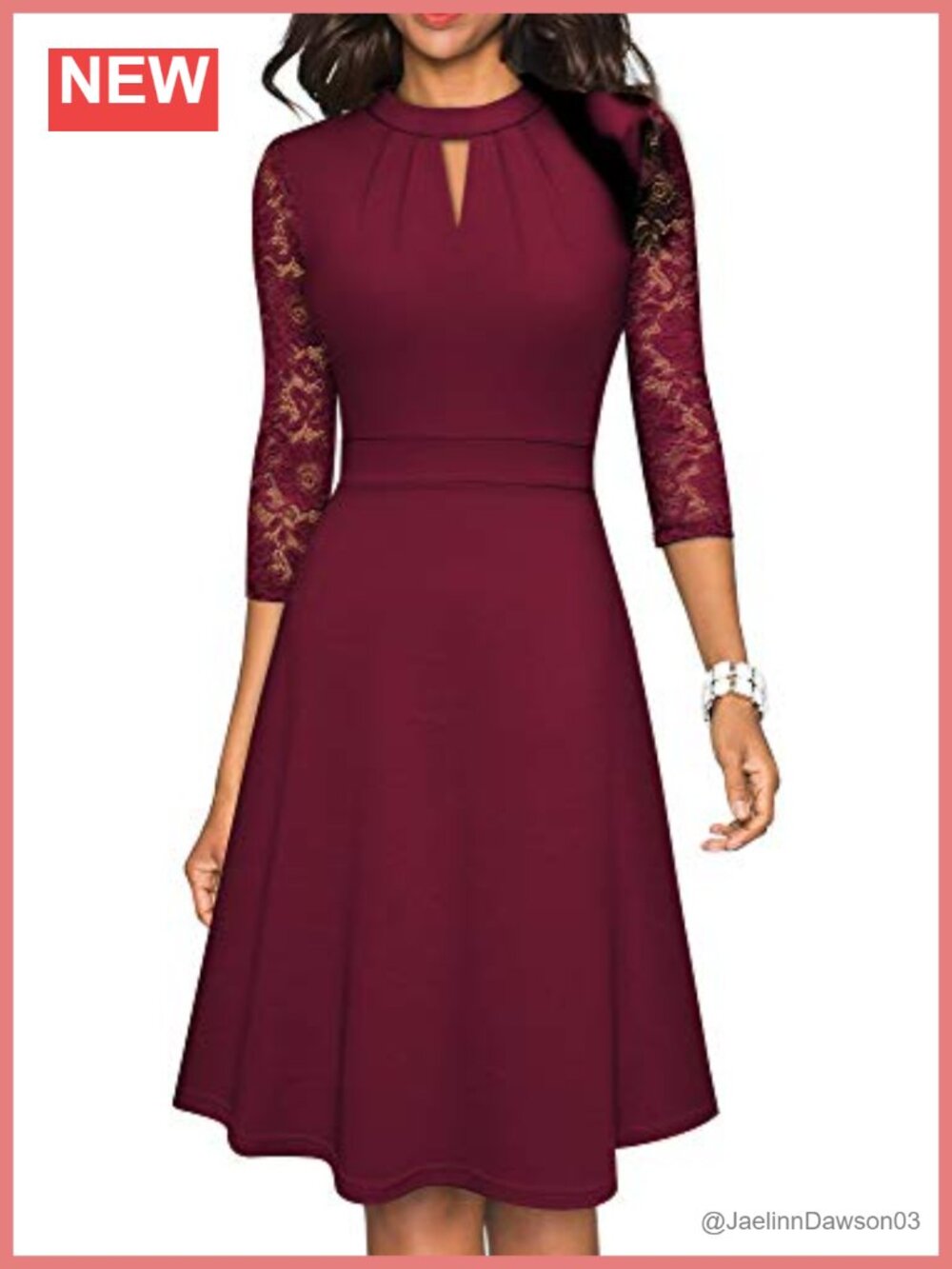 Women's 3/4 Sleeve Lace Patchwork Round Neck A-Line Party Dress